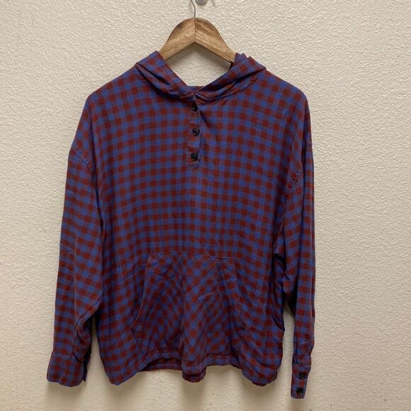 Urban Outfitters Check Plaid Flannel Hoodie Shirt Medium - Picture 1 of 5